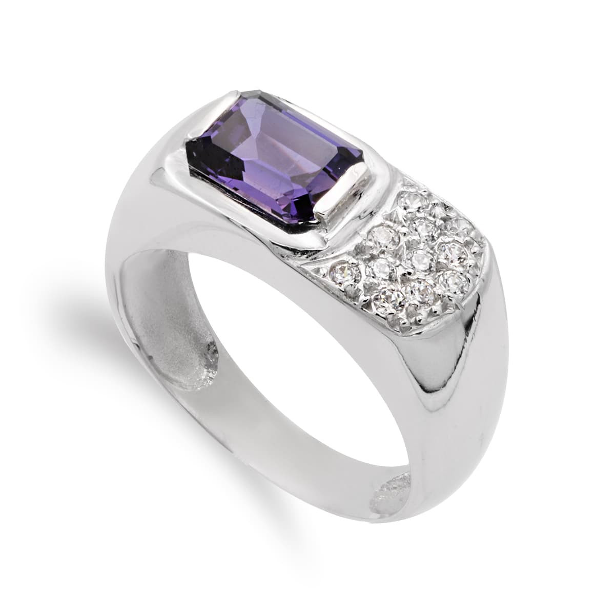 18K SORTIJA ORO BLANCO CON AMATISTA Y CIRCONITAS. ANCHO: 8 MM