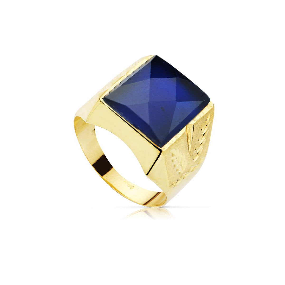 18K SELLO ORO AMARILLO HUECO TALLADO CON ZAFIRO SPINEL 14 X 12 MM