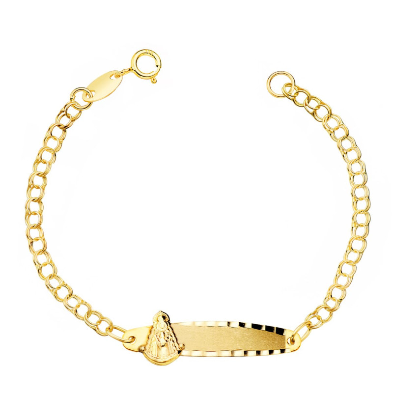 18K ESCLAVA BEBE ORO AMARILLO HUNGARINA PLACA CHAPA VIRGEN ROCIO 24X5 MM 12CM