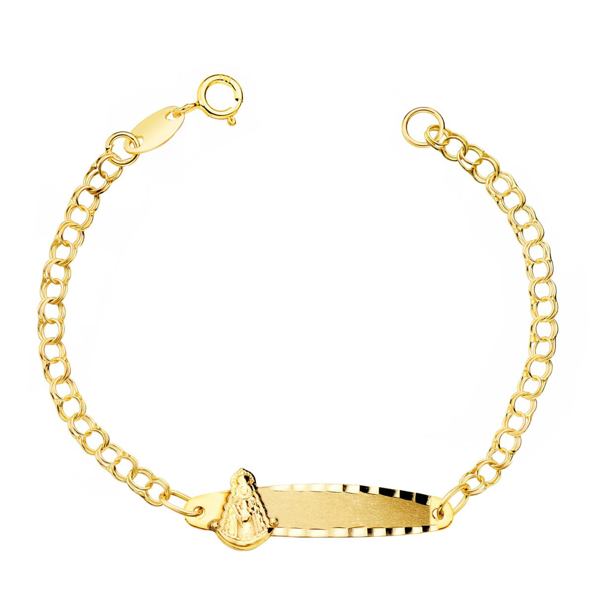 18K ESCLAVA BEBE ORO AMARILLO HUNGARINA PLACA CHAPA VIRGEN ROCIO 24X5 MM 12CM