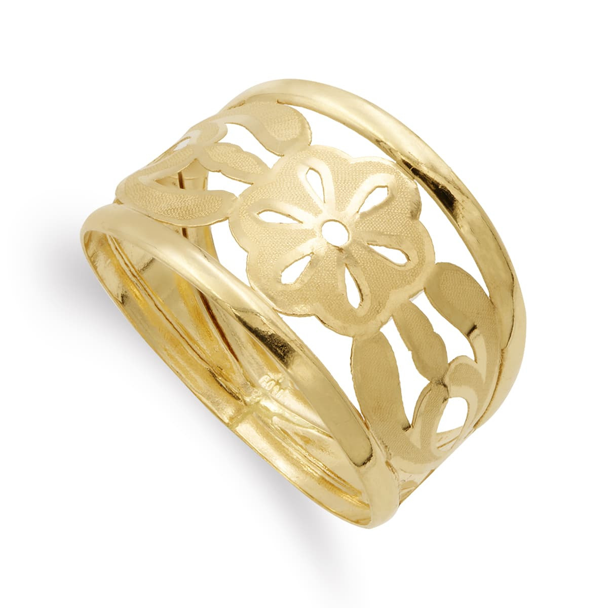18K SORTIJA ORO AMARILLO FLORES CALADA MATE Y BRILLO ANCHO 14 MM