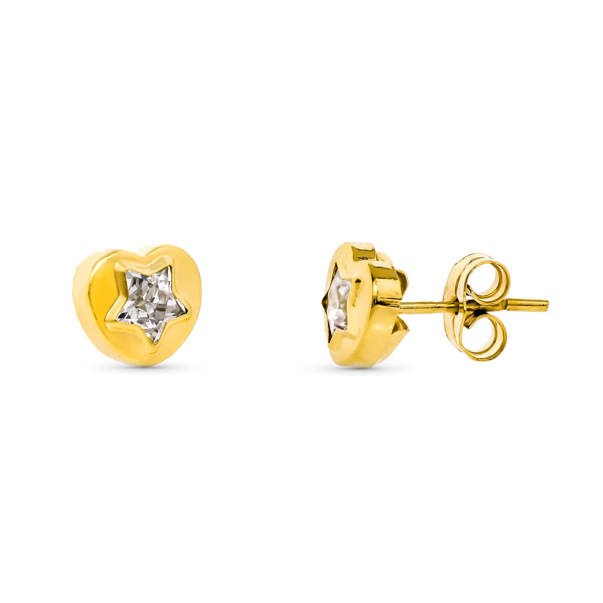 18K PENDIENTES ORO AMARILLO CORAZON CIRCONITA 8X7 MM CIERRE PRESION