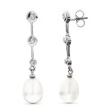 18K PENDIENTES ORO BLANCO LARGOS PERLA Y CIRCONITA CIERRE PRESION
