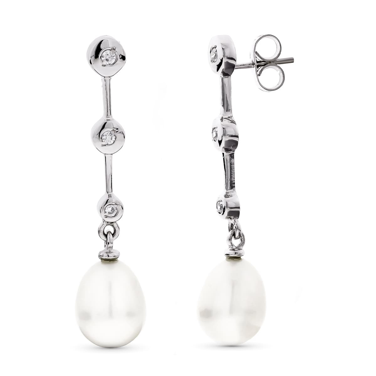 18K PENDIENTES ORO BLANCO LARGOS PERLA Y CIRCONITA CIERRE PRESION