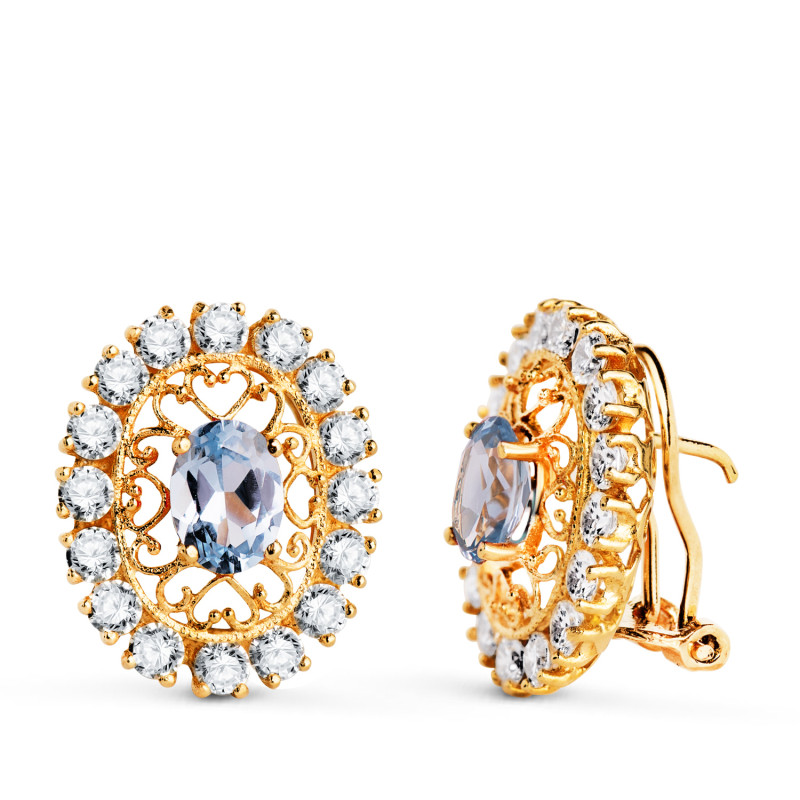 18K PENDIENTES ORO AMARILLO PIEDRA AGUAMARINA 7X5 MM CON CIRCONITAS. MEDIDA: 19X16 MM. CIERRE OMEGA