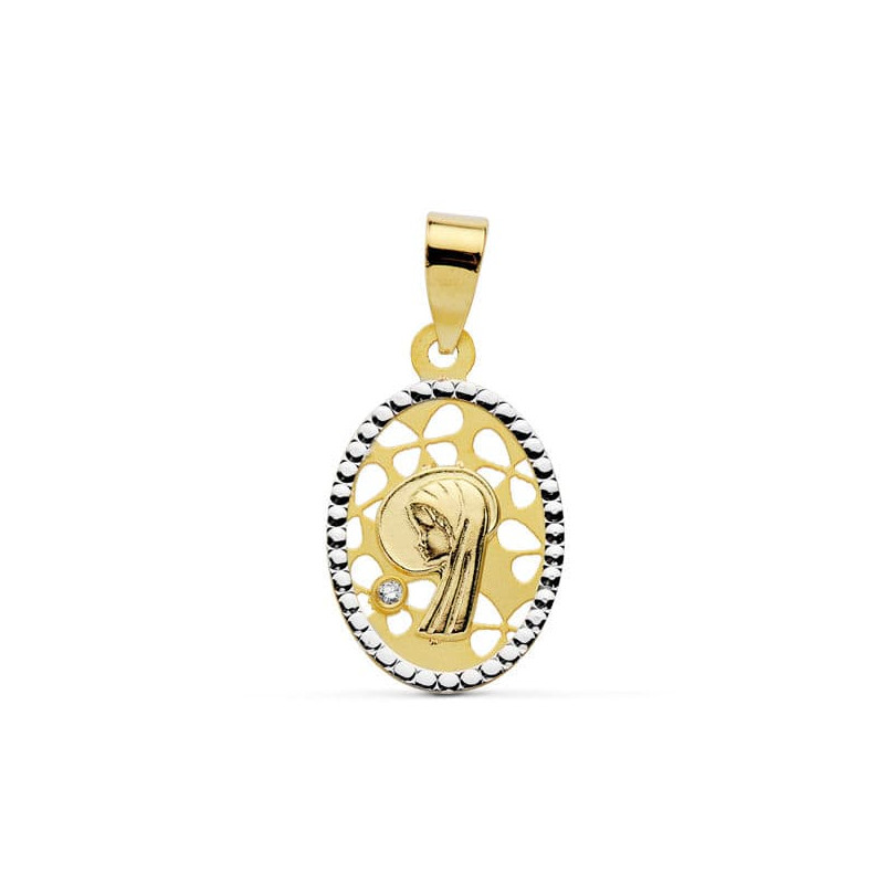 18K MEDALLA ORO AMARILLO VIRGEN NIÑA BICOLOR OVAL 16X12 MM