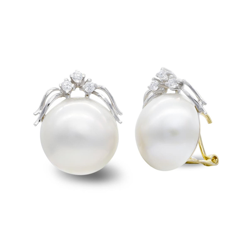 18K PENDIENTES ORO BICOLOR PERLA JAPONESA 14-16 MM Y CIRCONITA CIERRE OMEGA