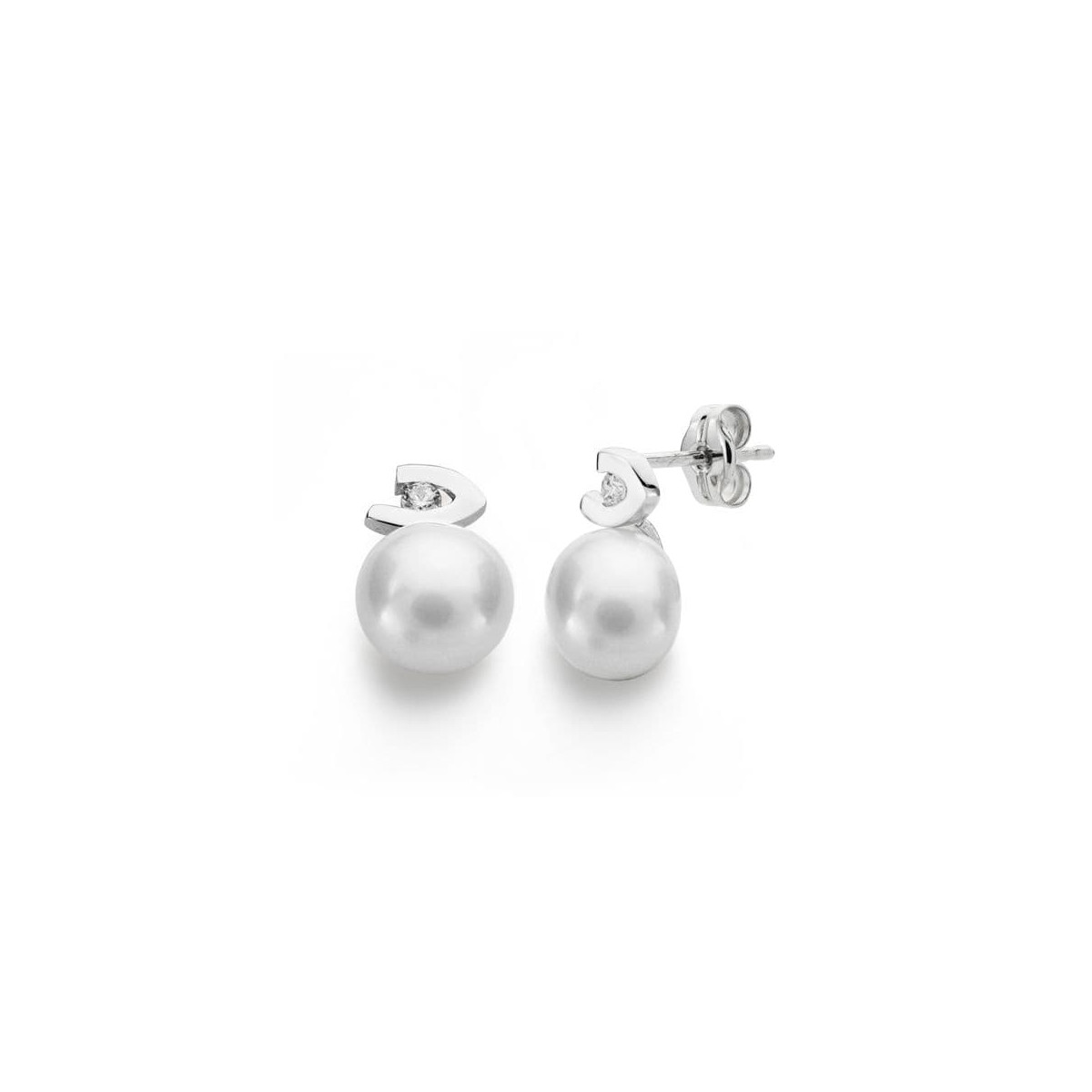 18K PENDIENTES ORO BLANCO PERLA CIRCONITA 12X7 MM CIERRE PRESION