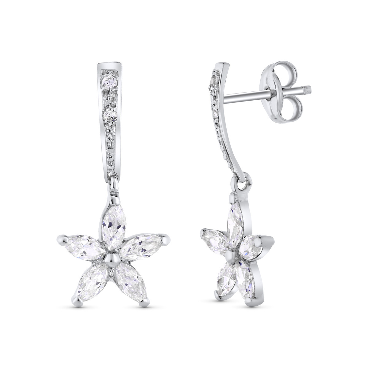 18K PENDIENTES ORO BLANCO FLOR PRESION. 20X9 MM CIERRE PRESION