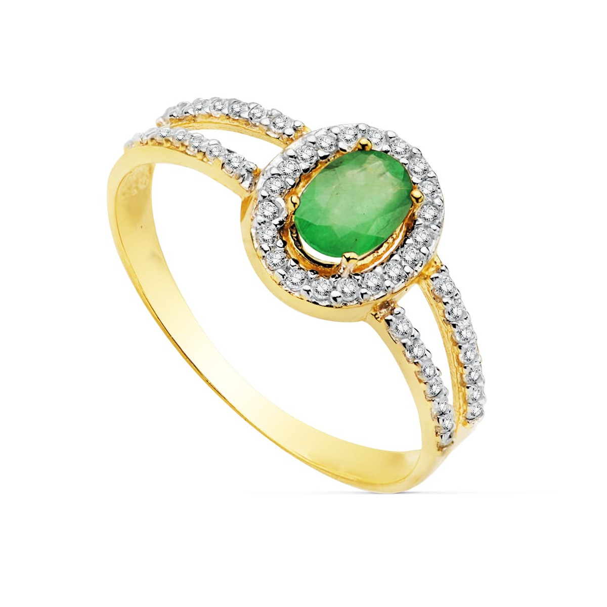 18K SORTIJA ORO BICOLOR CON CIRCONITA Y ESMERALDA DE 6X4 MM