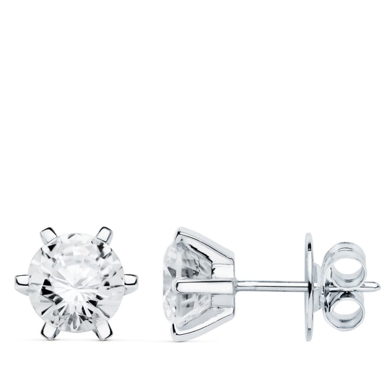 18K PENDIENTES ORO BLANCO 6 GARRAS CIRCONITA 8X8 CIERRE PRESION