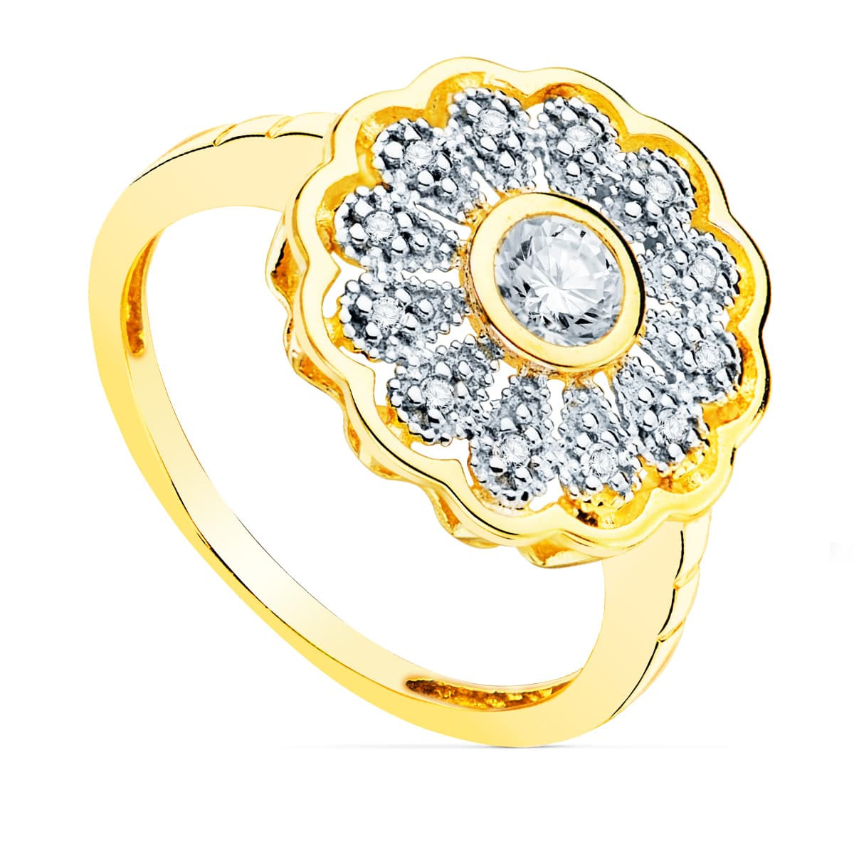 18K SORTIJA ORO BICOLOR ROSETON CON CIRCONITA 14 MM CIRCONITA CENTRAL 4 MM