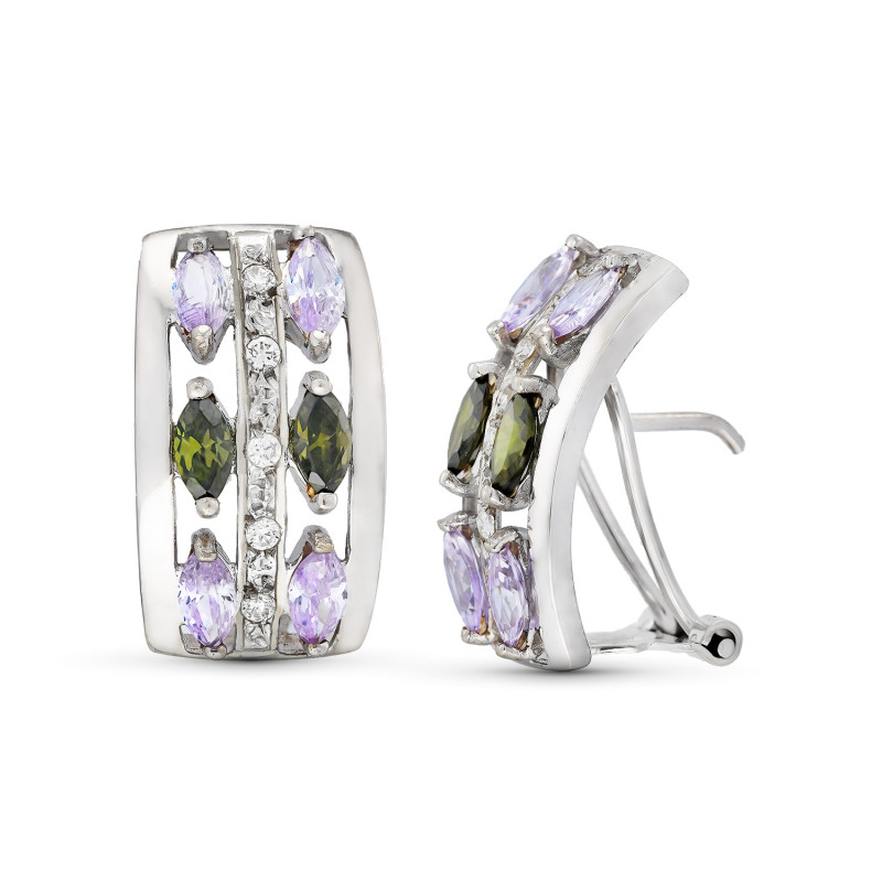 18K PENDIENTES PIEDRAS VERDES Y MALVA 18 X 11 MM CIERRE OMEGA