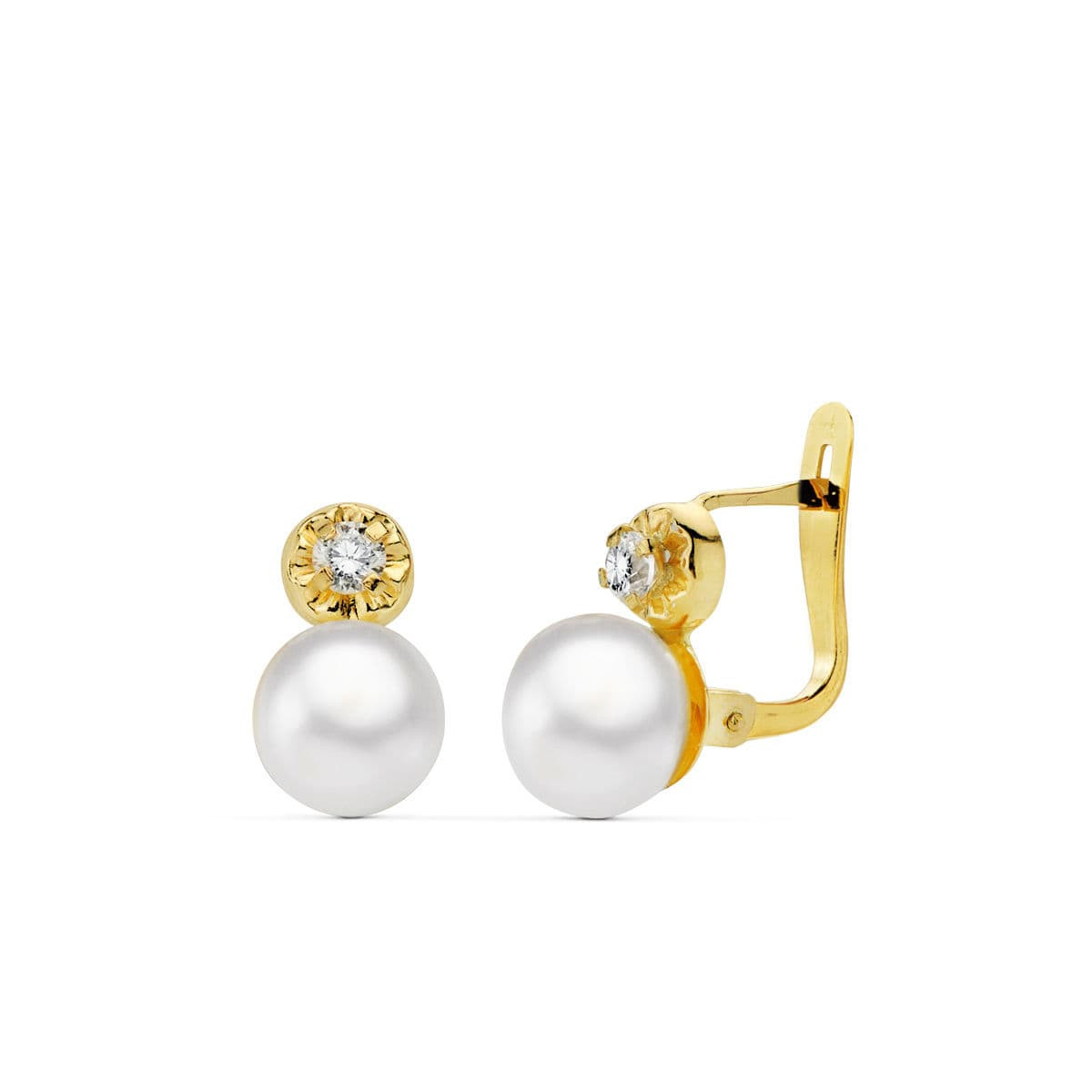 18K PENDIENTES ORO AMARILLO PERLA Y CIRCONITA 11X7 MM CIERRE CATALAN