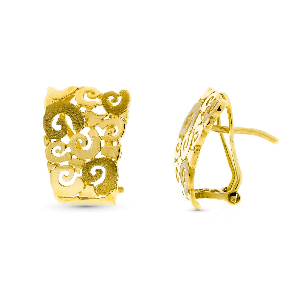 18K PENDIENTES ORO AMARILLO MOTIVOS CALADOS FLORALES 18X12 MM CIERRE OMEGA