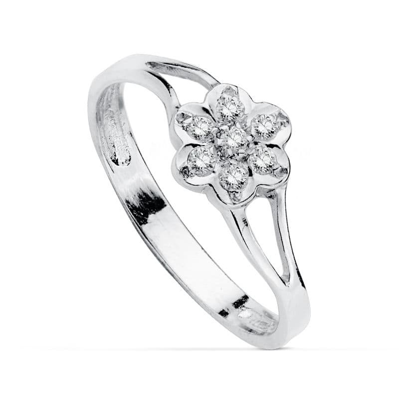 18K SORTIJA ORO BLANCO FLOR Y CIRCONITAS. ANCHO: 6,5 MM