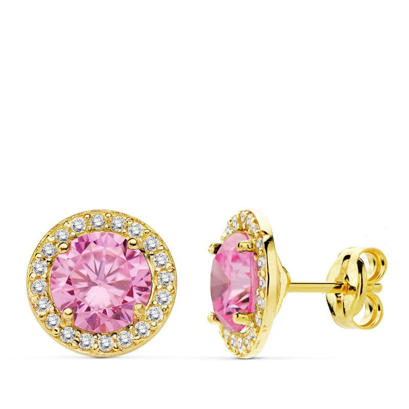 18K PENDIENTES PIEDRA ROSA CIRCONITA 9 MM CIERRE PRESION