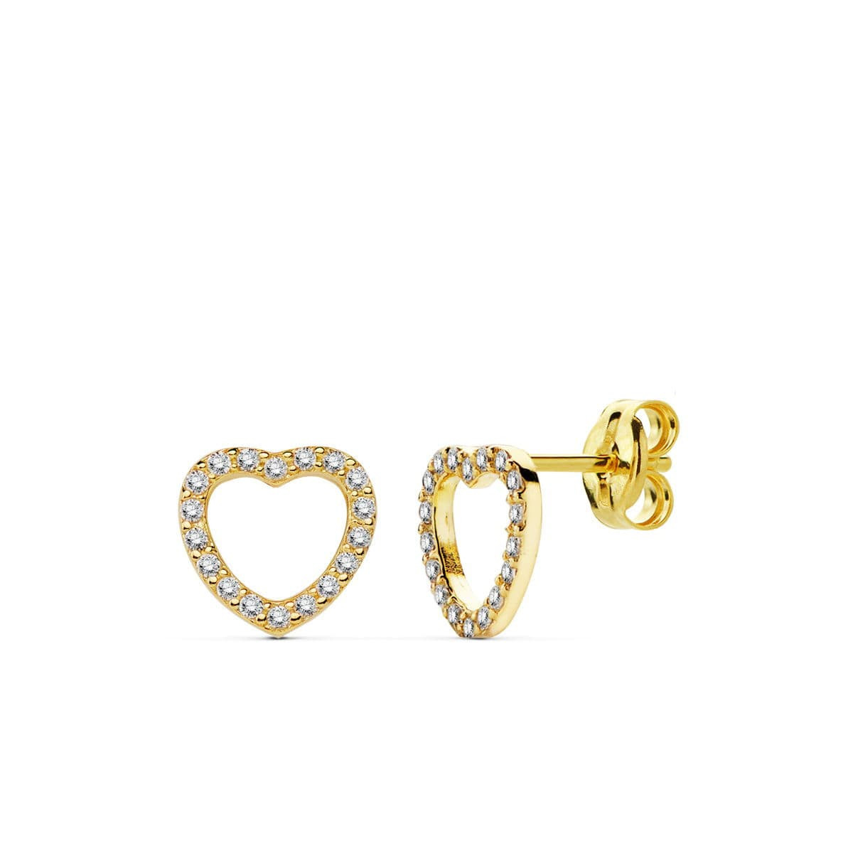 18K PENDIENTES ORO AMARILLO CORAZON CIRCONITA 8X8 CM CIERRE PRESION C. AMOR