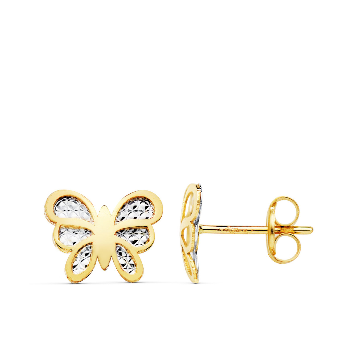 18K PENDIENTES MARIPOSA BICOLOR 10X8 MM CIERRE CIERRE PRESION