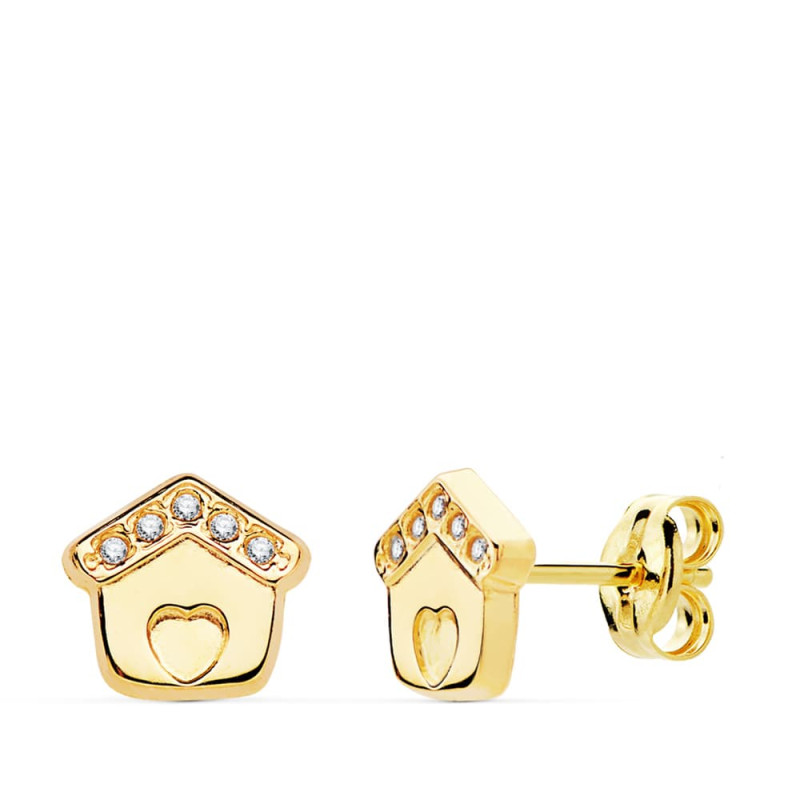 18K PENDIENTES ORO AMARILLO CASITA CIRCONITA 7X7 MM CIERRE PRESION