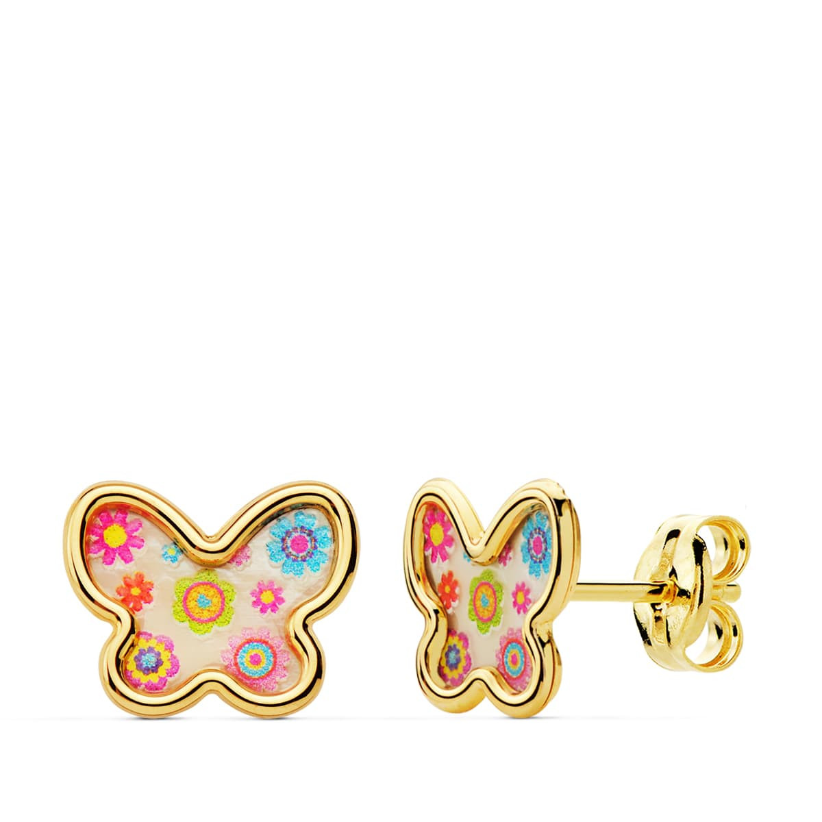 18K PENDIENTES ORO AMARILLO MARIPOSAS NACAR COLORES. 9X7 MM CIERRE PRESION