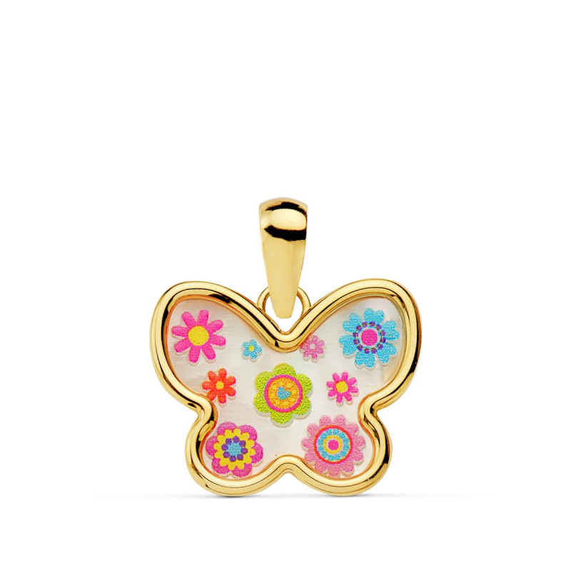 18K COLGANTE ORO AMARILLO MARIPOSA NACAR COLORES. 14X11 MM