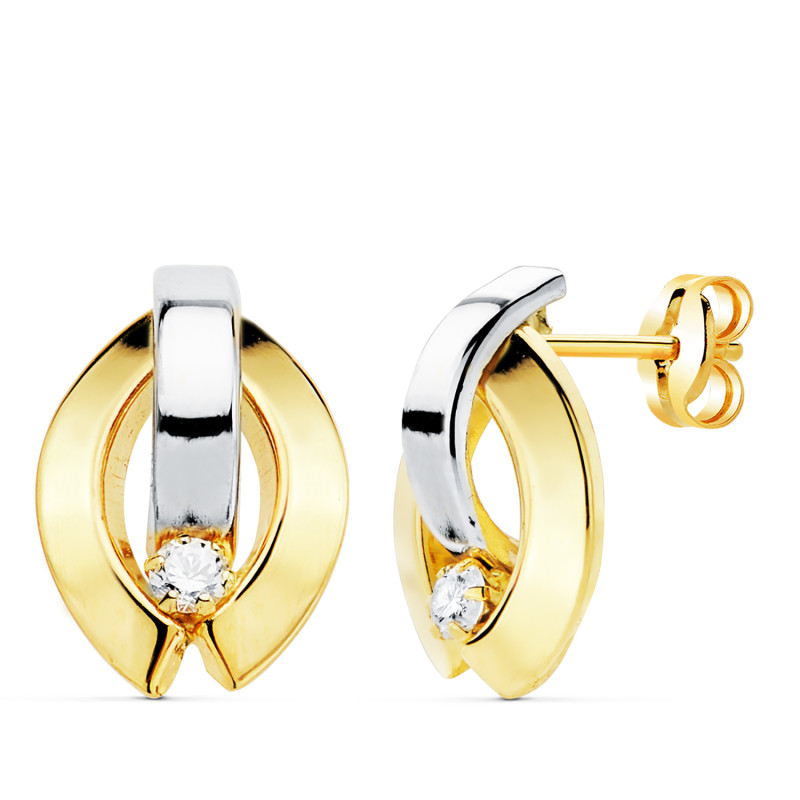 18K PENDIENTES ORO BICOLOR BANDAS Y CIRCONITA 14X9 MM CIERRE PRESION