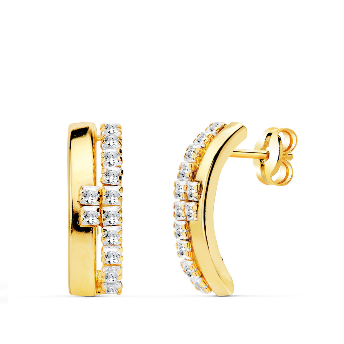 18K PENDIENTES ORO AMARILLO BANDAS CIRCONITA 14X4.5 MM CIERRE PRESION
