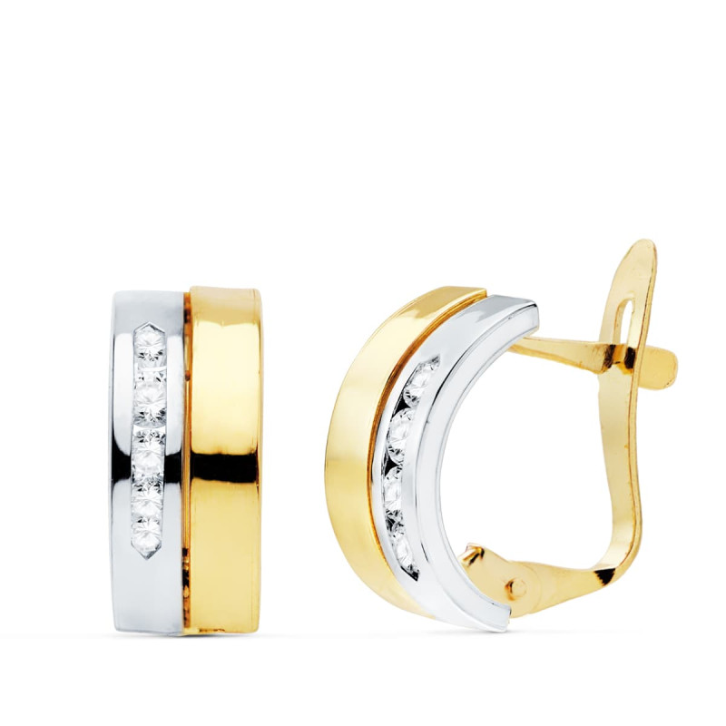 18K PENDIENTES ORO BICOLOR  DOS BANDAS CON CIRCONITAS CARRIL. 12 X 5 MM. CIERRE CATALAN