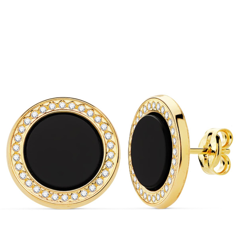 18K PENDIENTES ORO AMARILLO REDONDOS CIRCONITA Y ONIX. 12.5 MM CIERRE PRESION