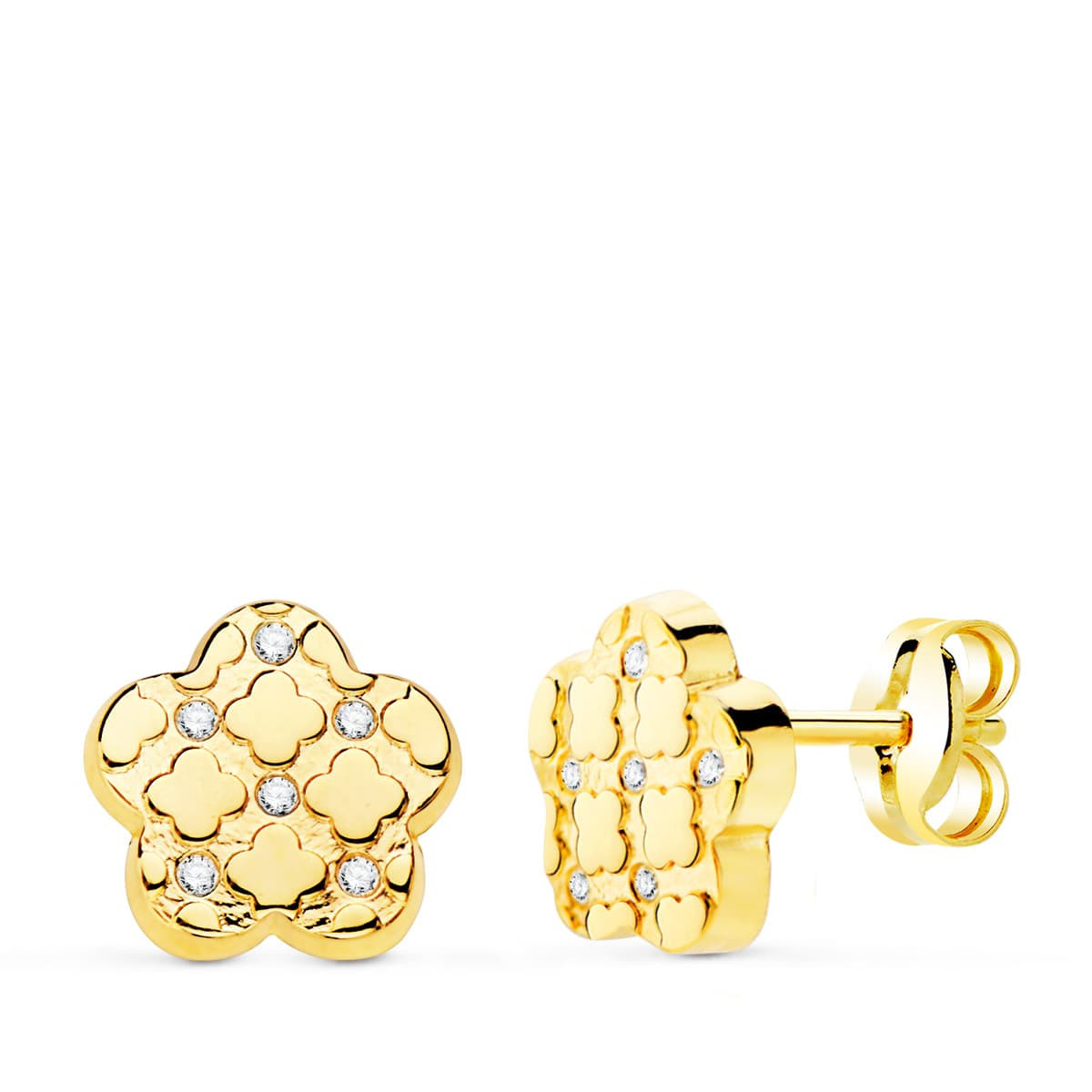 18K PENDIENTES ORO AMARILLO FLOR Y CIRCONITA 7.5X7 MM CIERRE PRESION.