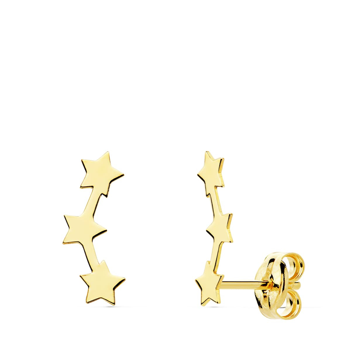 18K PENDIENTES ORO AMARILLO TREPADORES 12X3 MM ESTRELLAS CIERRE PRESION