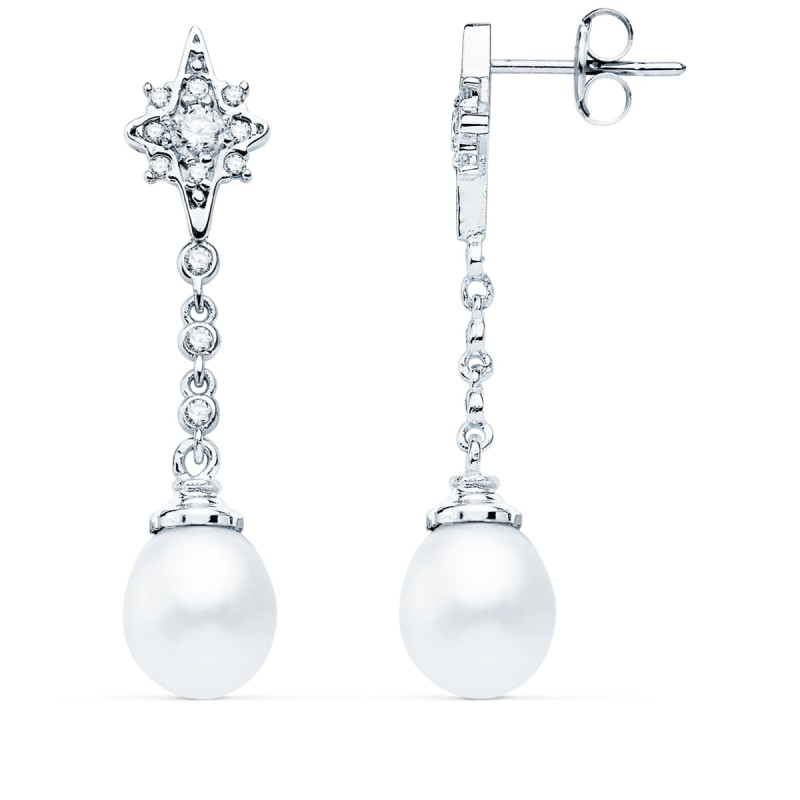 18K PENDIENTES LARGOS ORO BLANCO PERLA Y CIRCONITA 37X7 MM CIERRE PRESION