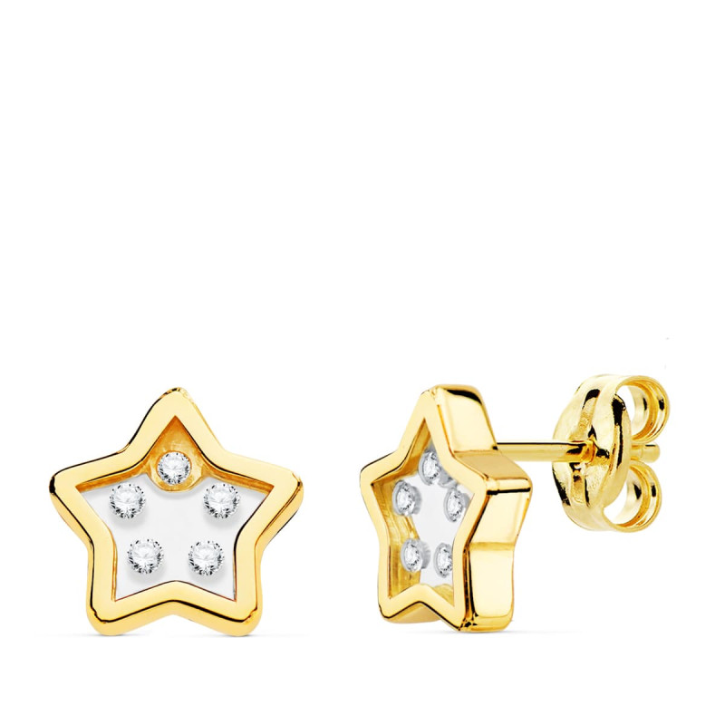 18K PENDIENTES ORO AMARILLO ESTRELLA AIRSHINE TRANSPARENTE Y CIRCONITA 9X9 MM CIERRE PRESION