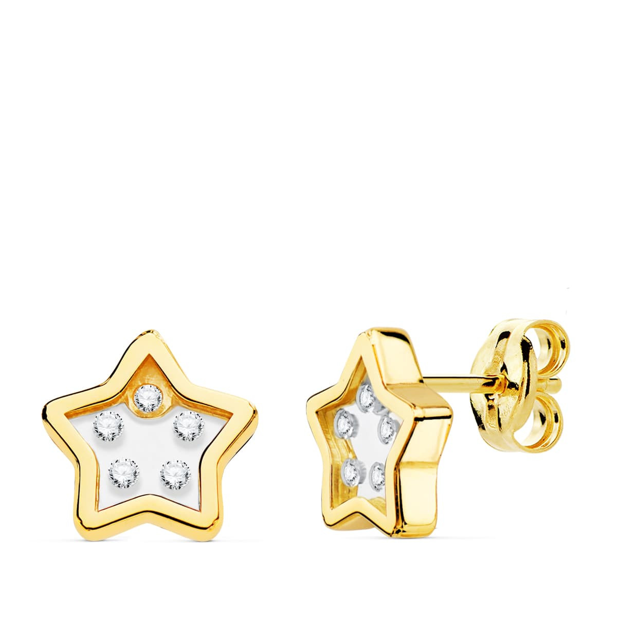 18K PENDIENTES ORO AMARILLO ESTRELLA AIRSHINE TRANSPARENTE Y CIRCONITA 9X9 MM CIERRE PRESION