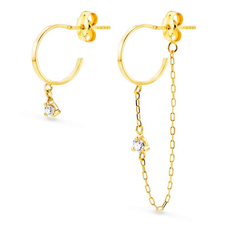 18K PENDIENTES AROS CON CADENA Y CHATON AROS ABIERTOS 11 MM CADENA 32 MM