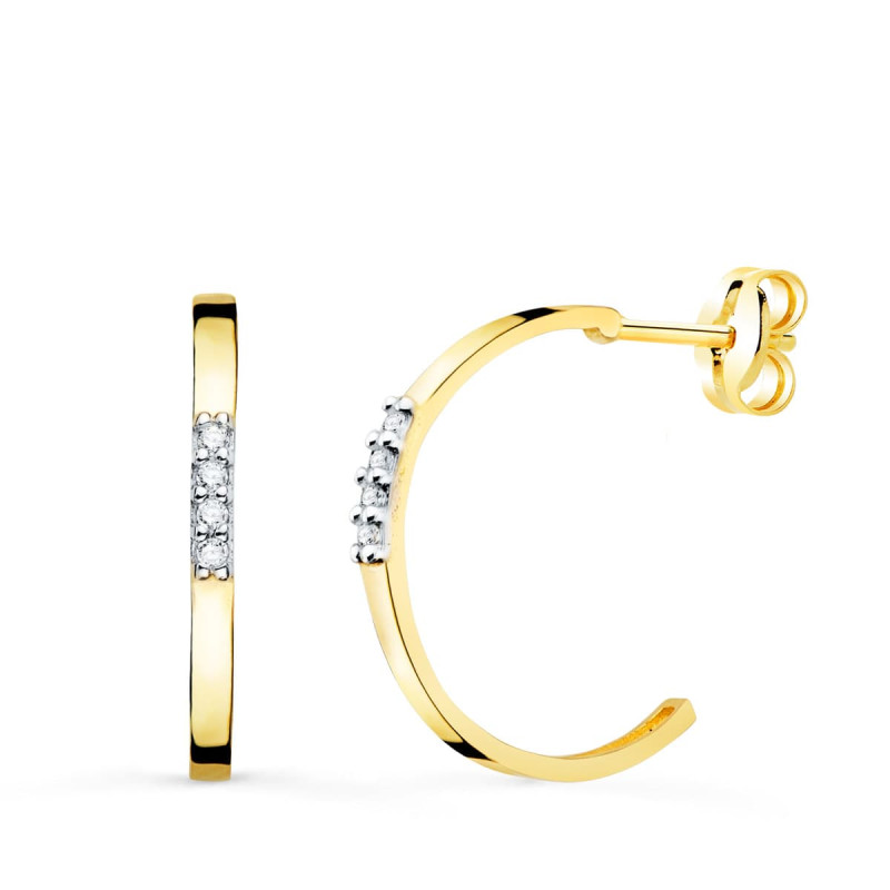 18K PENDIENTES AROS ABIERTOS ORO BICOLOR CON CIRCONITA 15 MM CIERRE PRESION