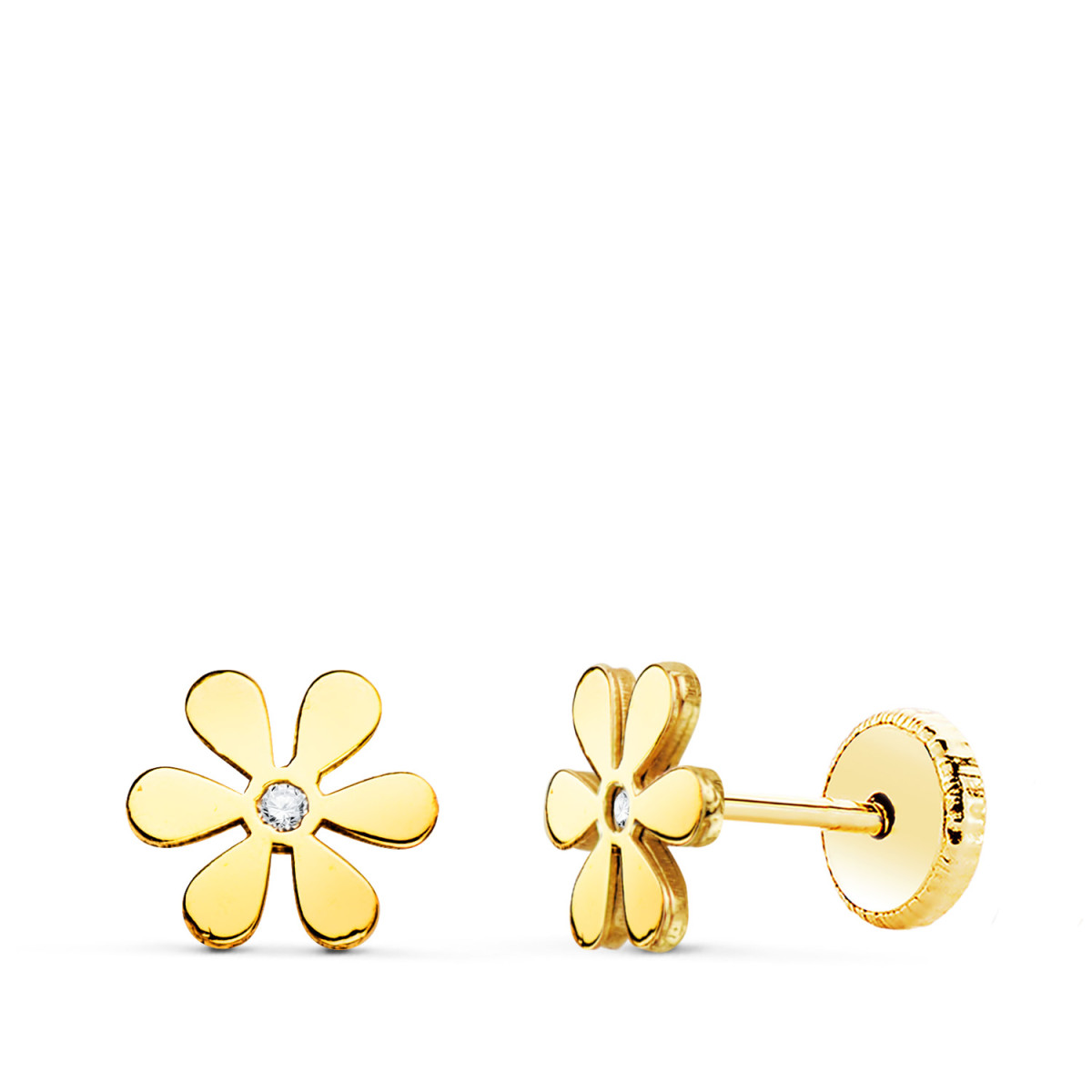 18K PENDIENTES ORO AMARILLO FLOR 6 PETALOS Y CIRCONITA 6X6MM. CIERRE TUERCA