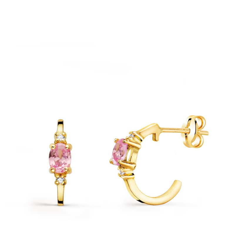 18K PENDIENTES ORO AMARILLO MEDIO ARO LISO CON CIRCONITA ROSA 12X3 MM CIERRE PRESION.