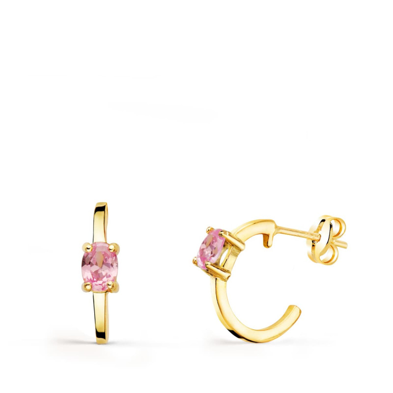 18K PENDIENTES ORO AMARILLO MEDIO ARO LISO CON CIRCONITA ROSA 12X3 MM CIERRE PRESION.
