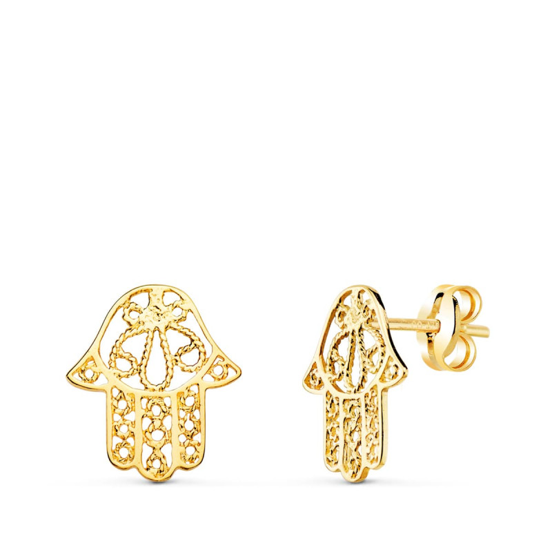18K PENDIENTES ORO AMARILLO MANO DE FATIMA CALADA PRESION 12 X 11 MM