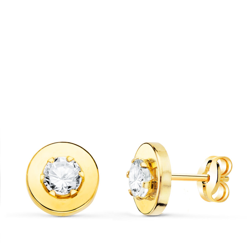 18K PENDIENTES ORO AMARILLO CERCO LISO Y CIRCONITA EN GARRAS 4MM. 7,5 MM CIERRE PRESION