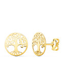 18K PENDIENTES ORO AMARILLO ARBOL DE LA VIDA EN BRILLO CALADOS 10 MM. CIERRE PRESION