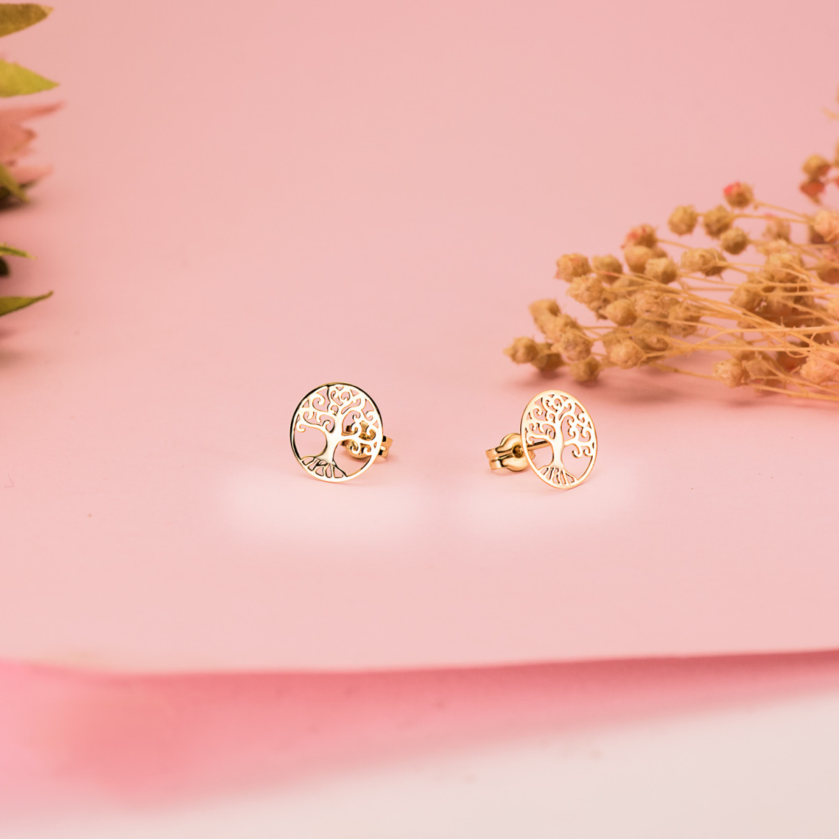 18K PENDIENTES ORO AMARILLO ARBOL DE LA VIDA EN BRILLO CALADOS 10 MM. CIERRE PRESION