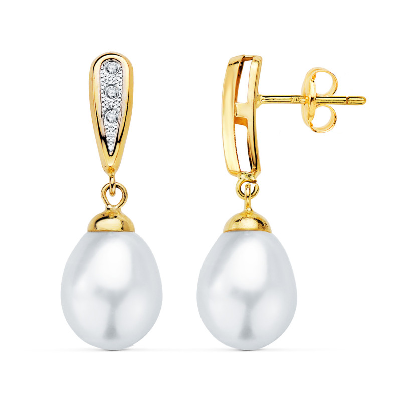 18K PENDIENTES ORO BICOLOR DOS CUERPOS CON PERLAS Y CIRCONITA 25 X 9MM PRESION