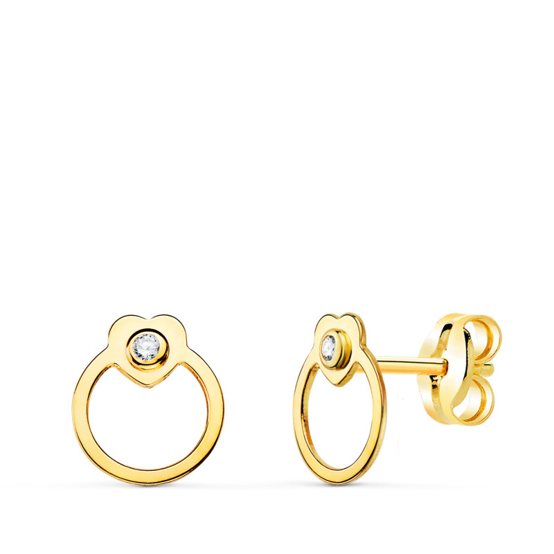 18K PENDIENTES ORO AMARILLO REDONDOS CON CORAZON Y CIRCONITA. CIERRE PRESION 7 X 6 MM