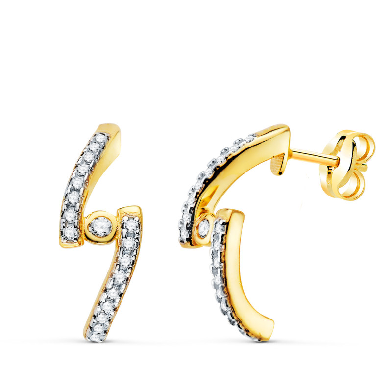 18K PENDIENTES ORO AMARILLO MEDIO ARO DOBLE BANDA CIRCONITA 15 X 6 MM CIERRE PRESION.