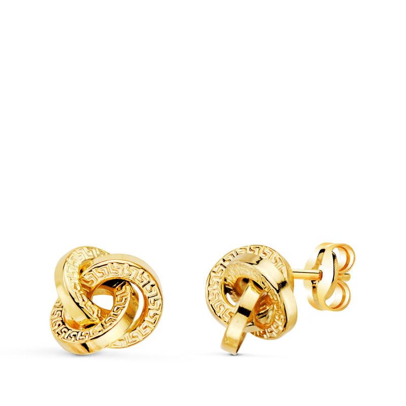 18K PENDIENTES ORO AMARILLO TRES AROS CON GRECA 8 X 8 MM. CIERRE PRESION