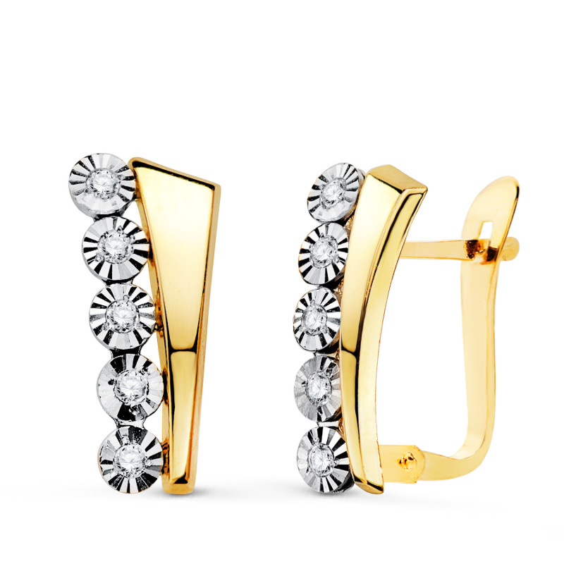 18K PENDIENTES ORO BICOLOR BANDAS Y MOTIVOS REDONDOS TALLADOS. 14 X 6 MM. CIERRE CATALAN