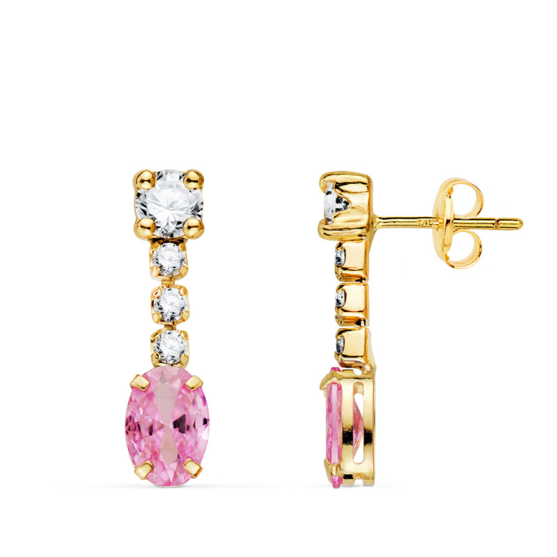 18K PENDIENTES ORO AMARILLO CIRCONITA ROSA EN FORMA OVAL Y CIRCONITAS. 20X5 MM. CIERRE PRESION